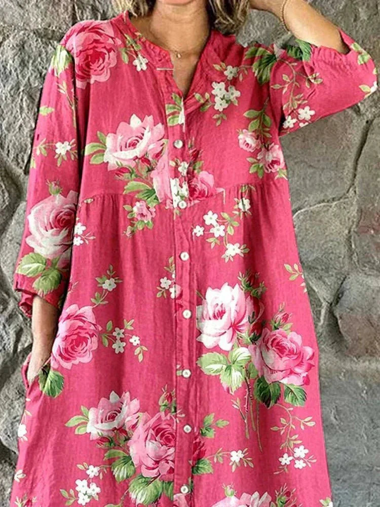 Rose Floral Button Front Long Sleeve Maxi Dress
