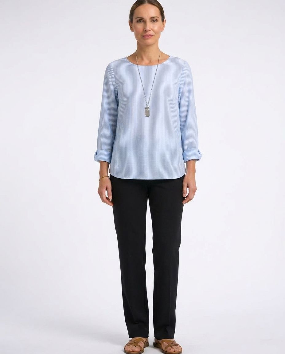 Striped Round Neck Roll Tab Sleeve Blouse