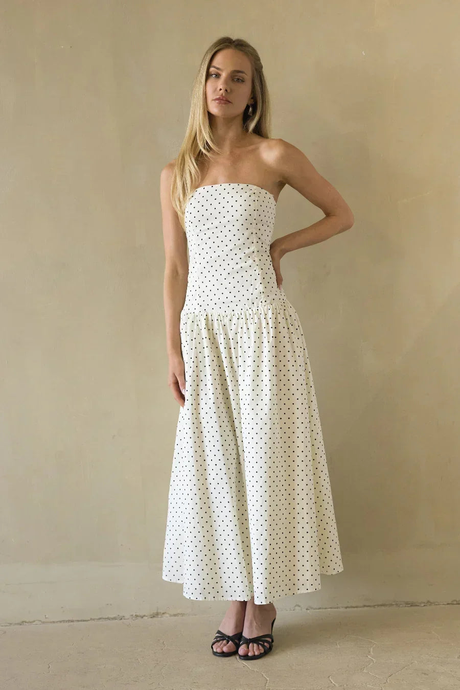 Polka Dot Strapless Drop Waist Gathered Midi Dress