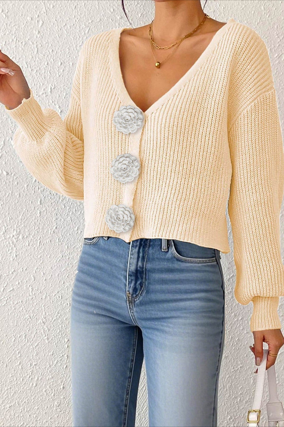 V-Neck Crochet Flower Button Front Ribbed Knit Cropped Cardigan 35