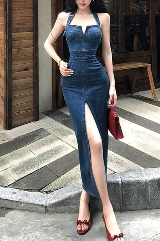 Halter Edition Split Maxi Denim Dress
