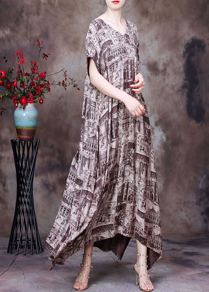 Architectural Print V-Neck Short Sleeve Oversized Maxi Dress