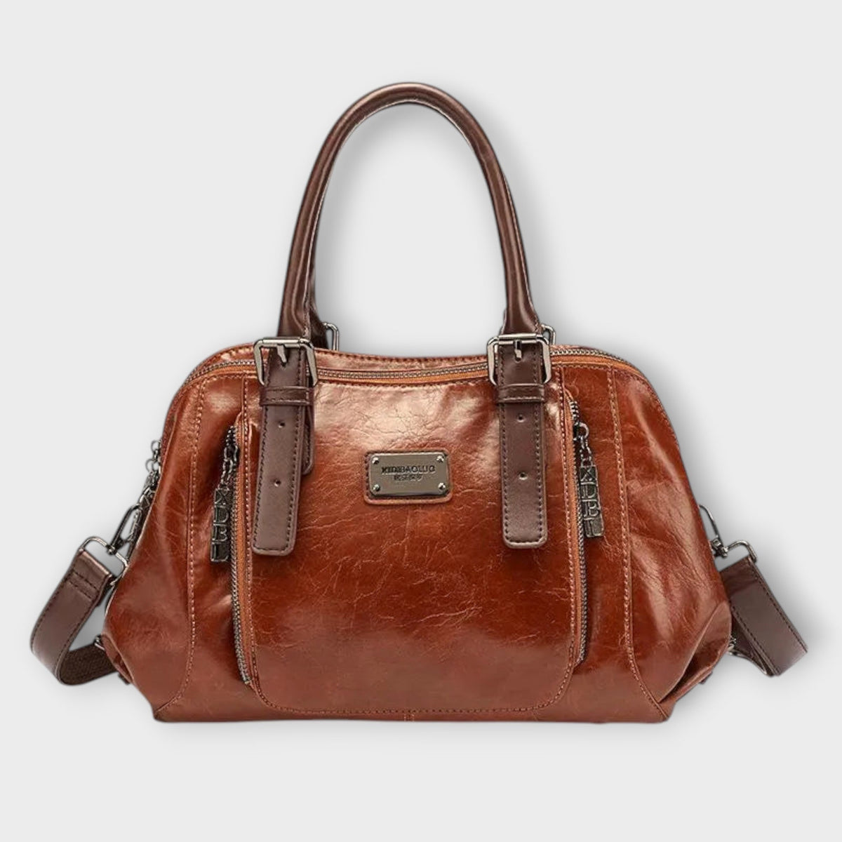 Double Zip Top Handle Faux Leather Satchel Bag