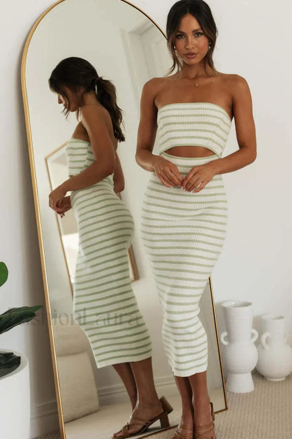 Adelaide Stripe Cutout Charming Rib Midi Tube Dress S / 4#