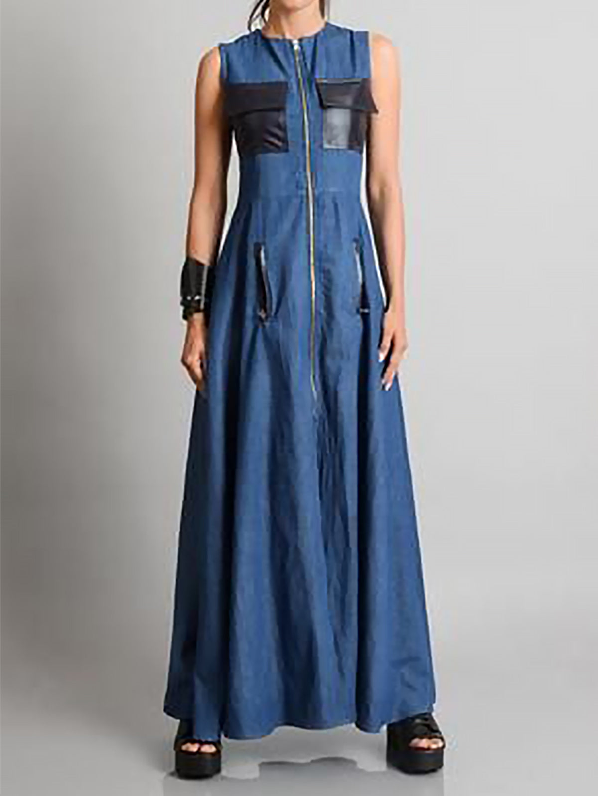 Denim Sleeveless Zip Front Flap Pocket Contrast Trim A-Line Maxi Dress