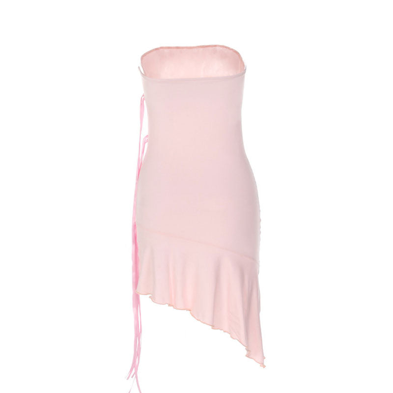 Adorable Solid Color Ribbon trim Ruffle Hem Strapless Mini Dress - Pink
