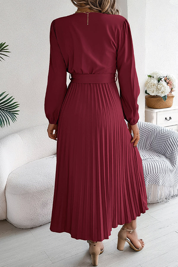 Solid Color Elegant V-neck Buttoned Lace-up Pleated Maxi Dress 30
