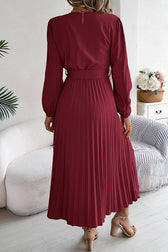 Solid Color Elegant V-neck Buttoned Lace-up Pleated Maxi Dress 30