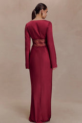 Deep V-Neck Lace Panel Bodycon Maxi Lace Dress