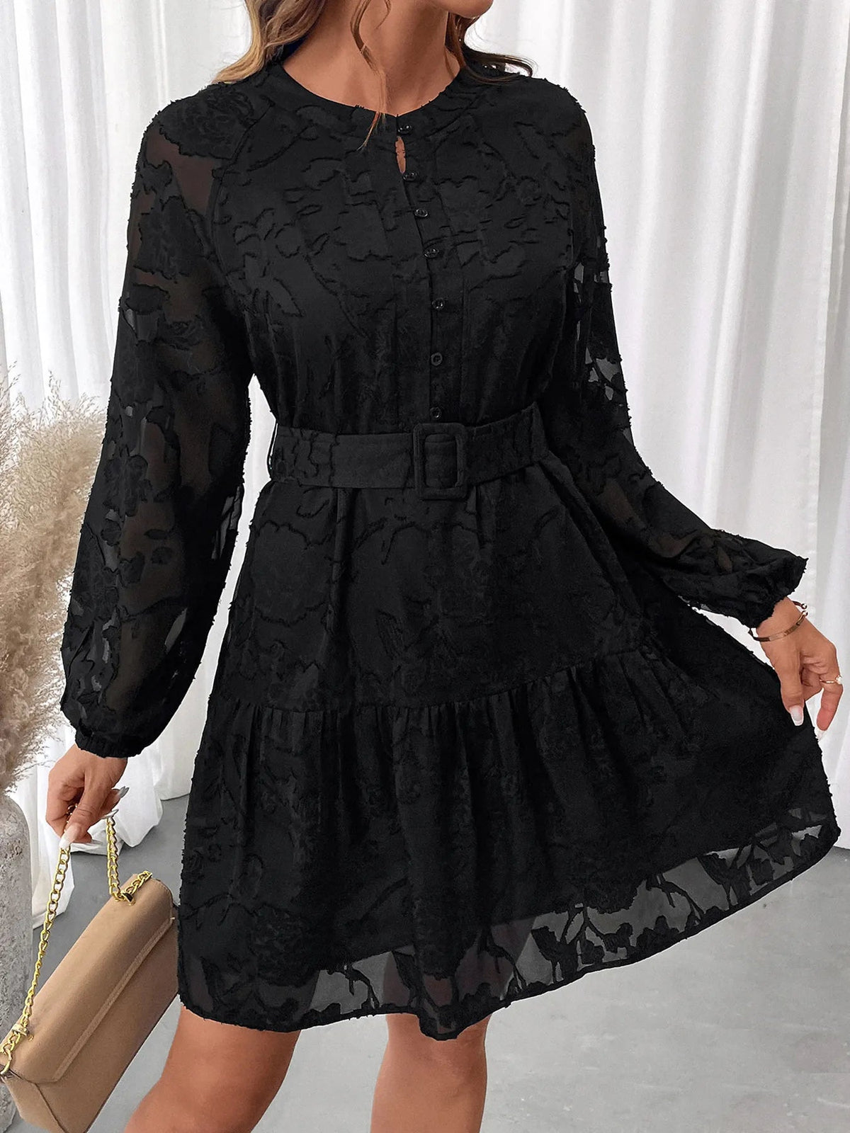 Textured Chiffon Button Front Balloon Sleeve Belted Tiered Mini Dress 3