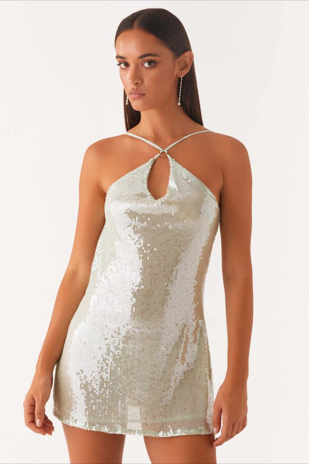 Sequin Halter Neck Backless Cowl Slip Mini Dress