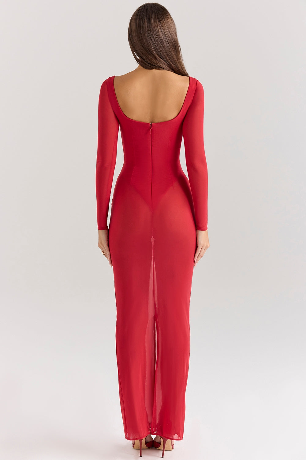 Sheer Mesh Square Neck Long Sleeve Bodysuit Lined Maxi Dress 6