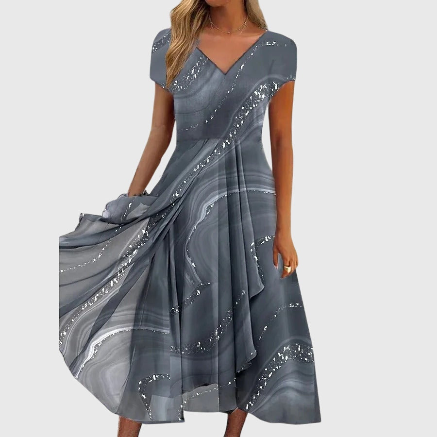 Marble Print V-Neck Cap Sleeve Chiffon Maxi Dress