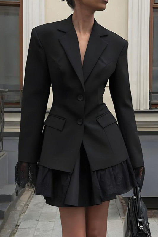 Lace Trim Cuff and Hem Notch Lapel Fitted Waist Blazer