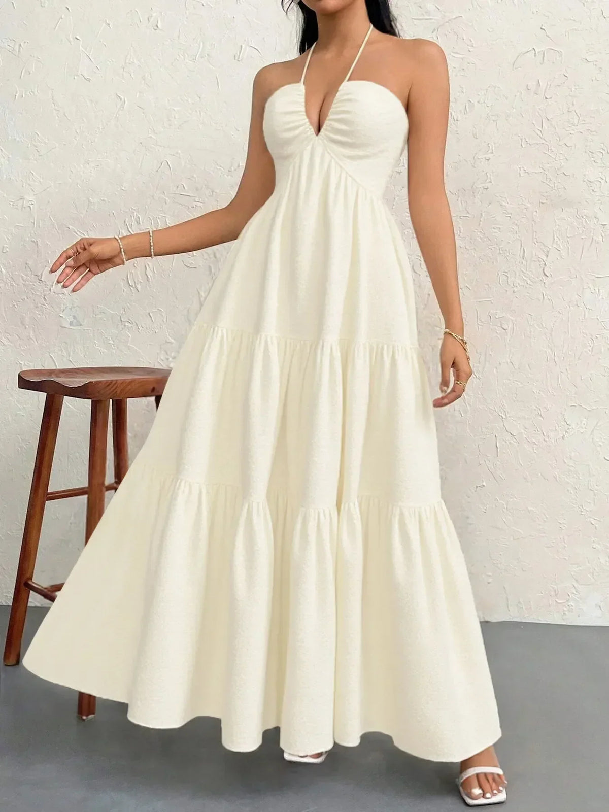 Halter Neck Deep V-Neck Sleeveless Tiered Maxi Dress 4
