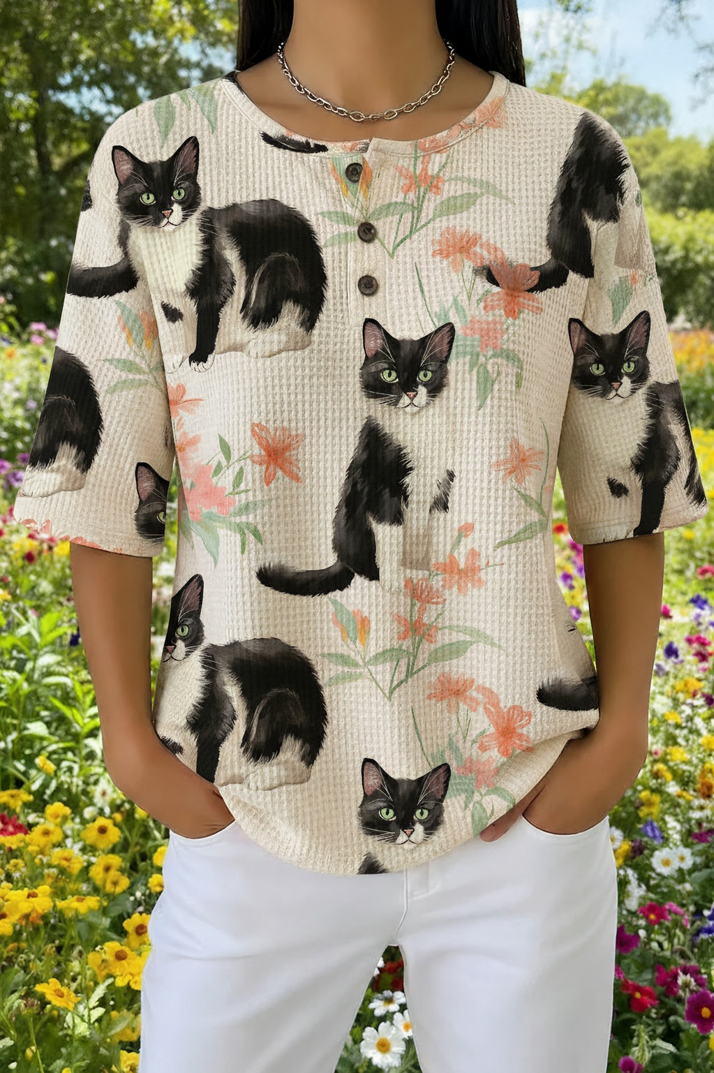 Womens Cream Black Cat Bird Print Casual Shirt