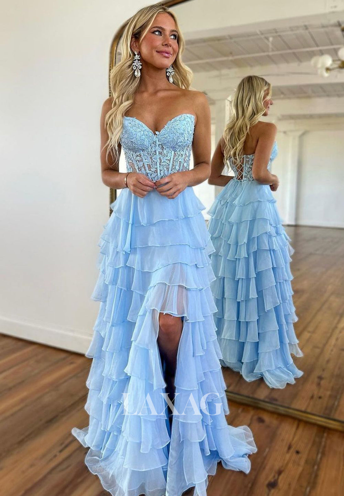 Sweetheart Off-Shoulder Sleeveless Formal Gowns Beaded Applique Pleated Tiered Chiffon Fitted Prom Dress