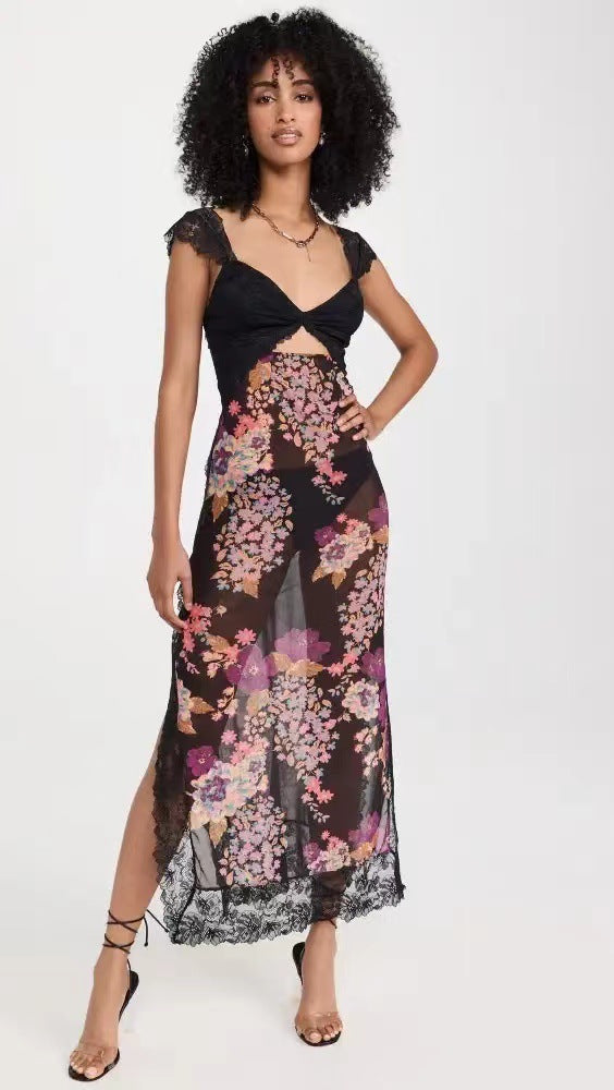 Floral Lace Trim Cut Out Slip Midi Dress 34