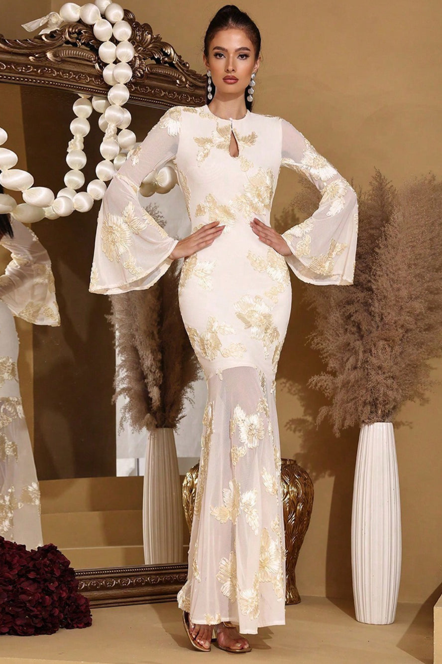 Embroidered Mesh Keyhole Bell Sleeve Mermaid Gown
