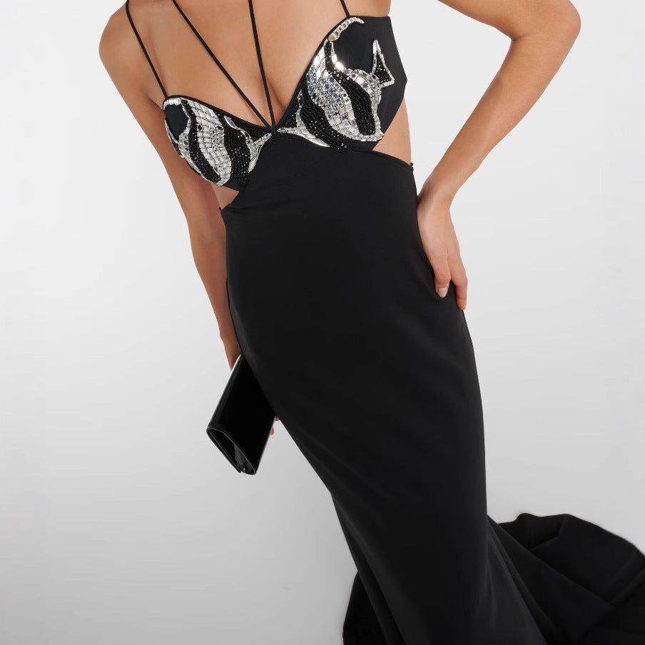 Crystal Embellished Bustier Cut Out Strappy Maxi Gown 3