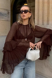Sheer Retro Chiffon Flare Sleeve Long Sleeve Top