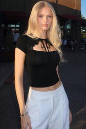 Lace Trim Tie Detail Cutout Fitted Crop Top