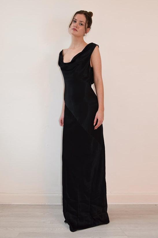 Satin Off Shoulder Cowl Draped Slim Fit Maxi Dress