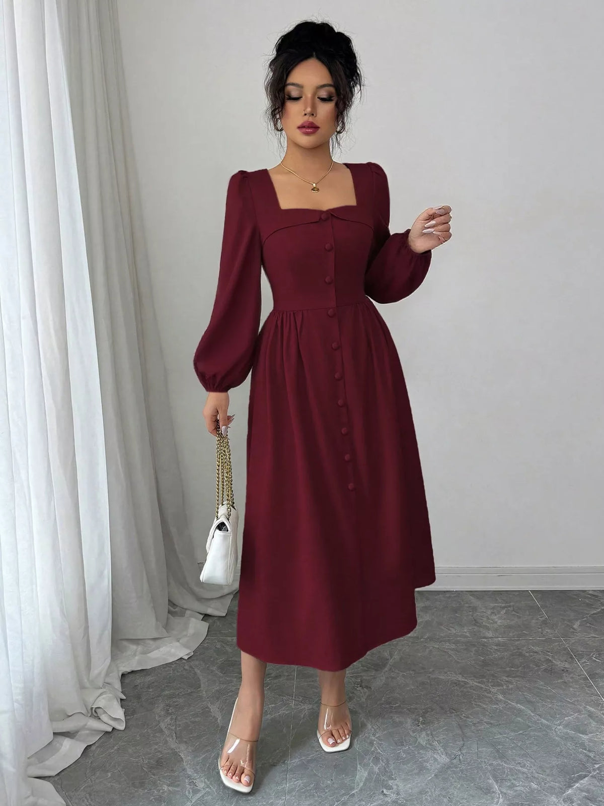 Square Neck Balloon Sleeve Button Front A-Line Midi Dress 4