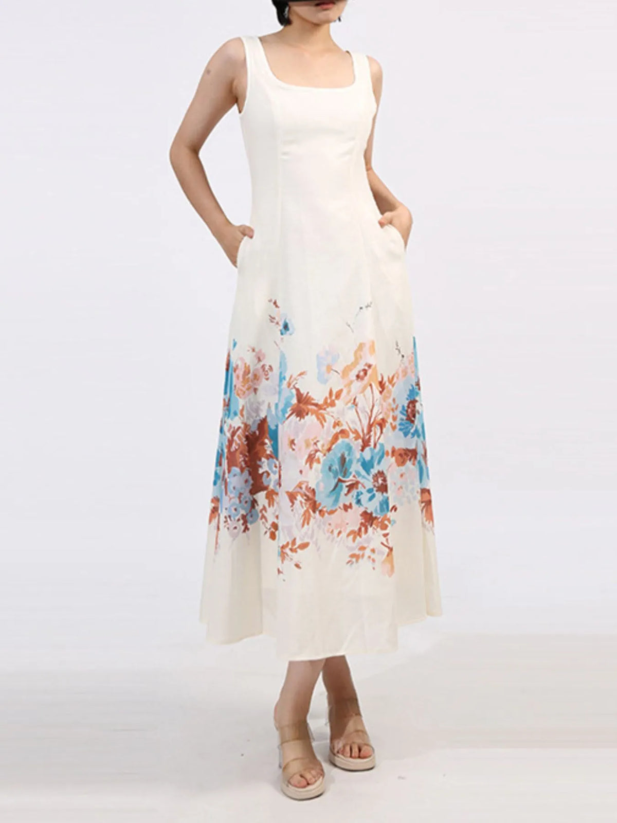 Floral Border Print Square Neck Sleeveless A-Line Midi Dress with Pockets