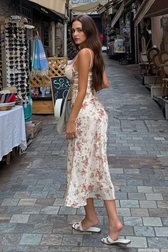 Lace Satin Panel V Neck Floral A Line Maxi Slip Dress
