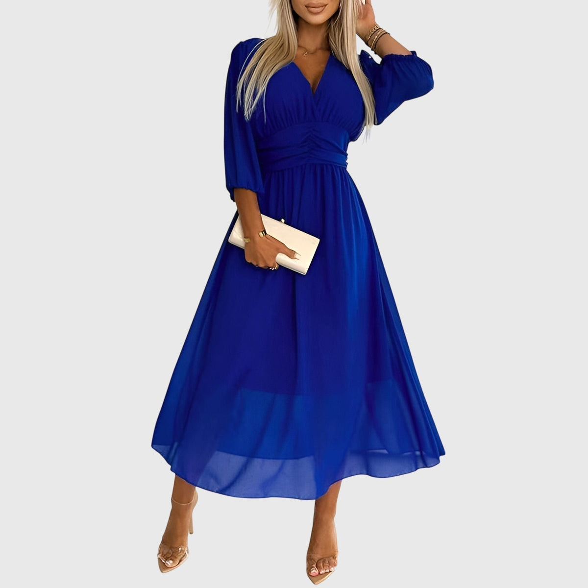 V-Neck Balloon Sleeve Ruched Waist Chiffon Midi Dress