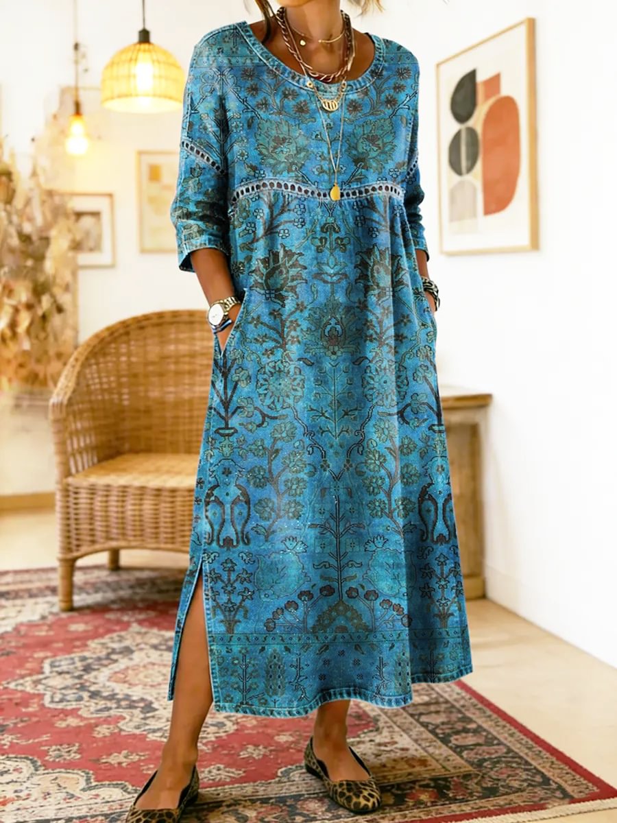Ornate Print Round Neck Long Sleeve Pocket Side Split Maxi Dress