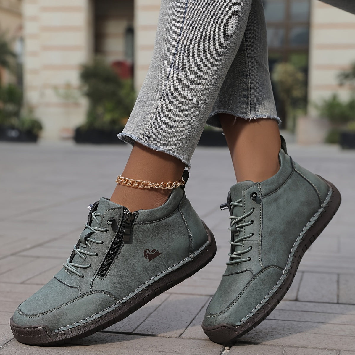 Round Toe Lace Up Side Zip Ankle Sneakers