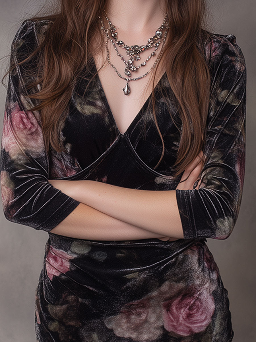 Elegant Velvet Rose Print Hem Drawstring Midi Dress