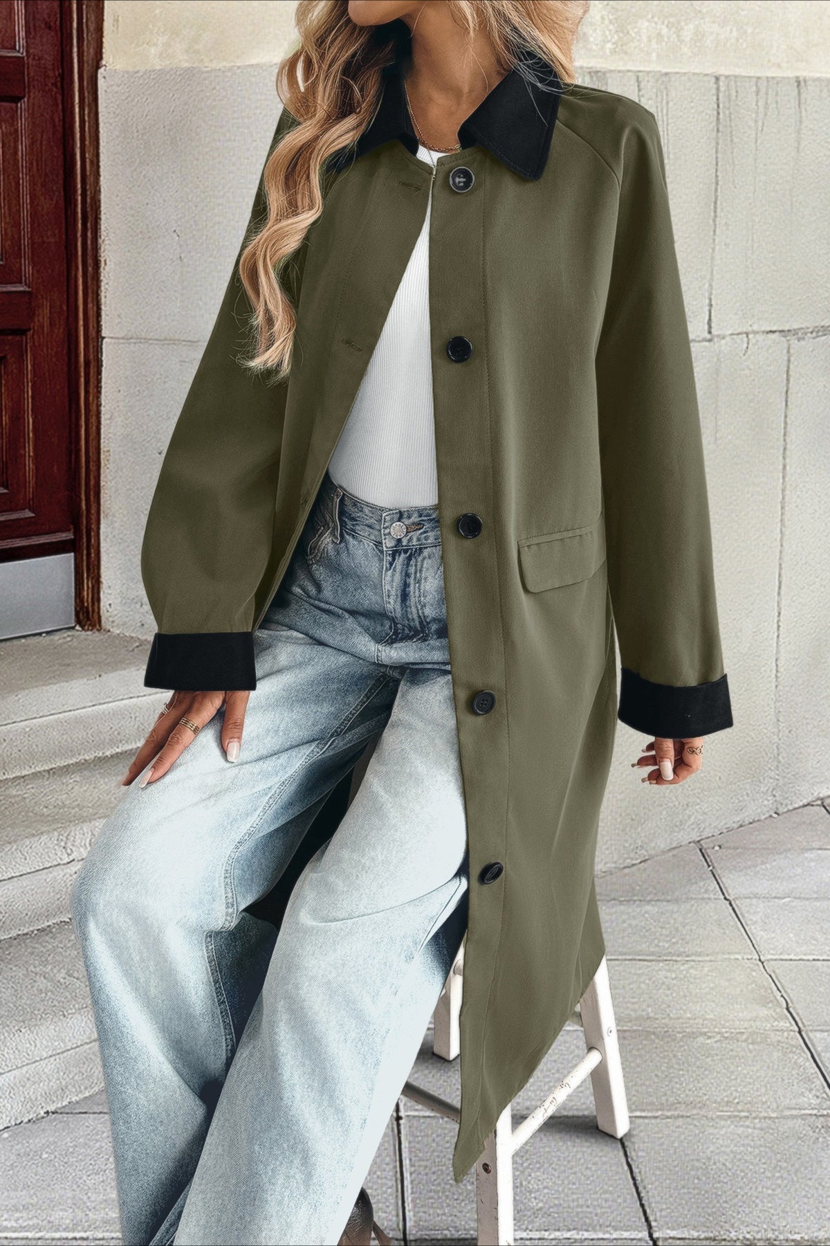 Contrast Collar and Cuff Single Breasted Flap Pocket Longline Coat 2