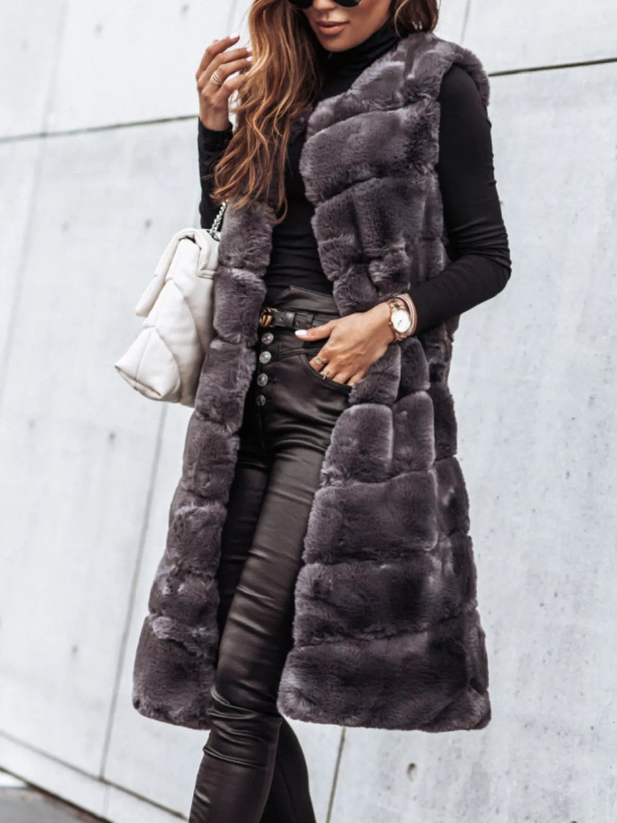Faux Fur Sleeveless Open Front Longline Vest Coat 4