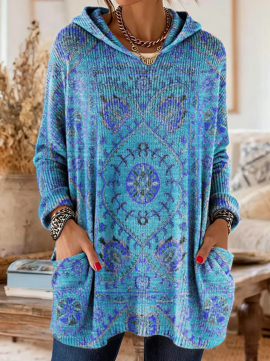 Medallion Print Hooded Oversized Tunic Sweater