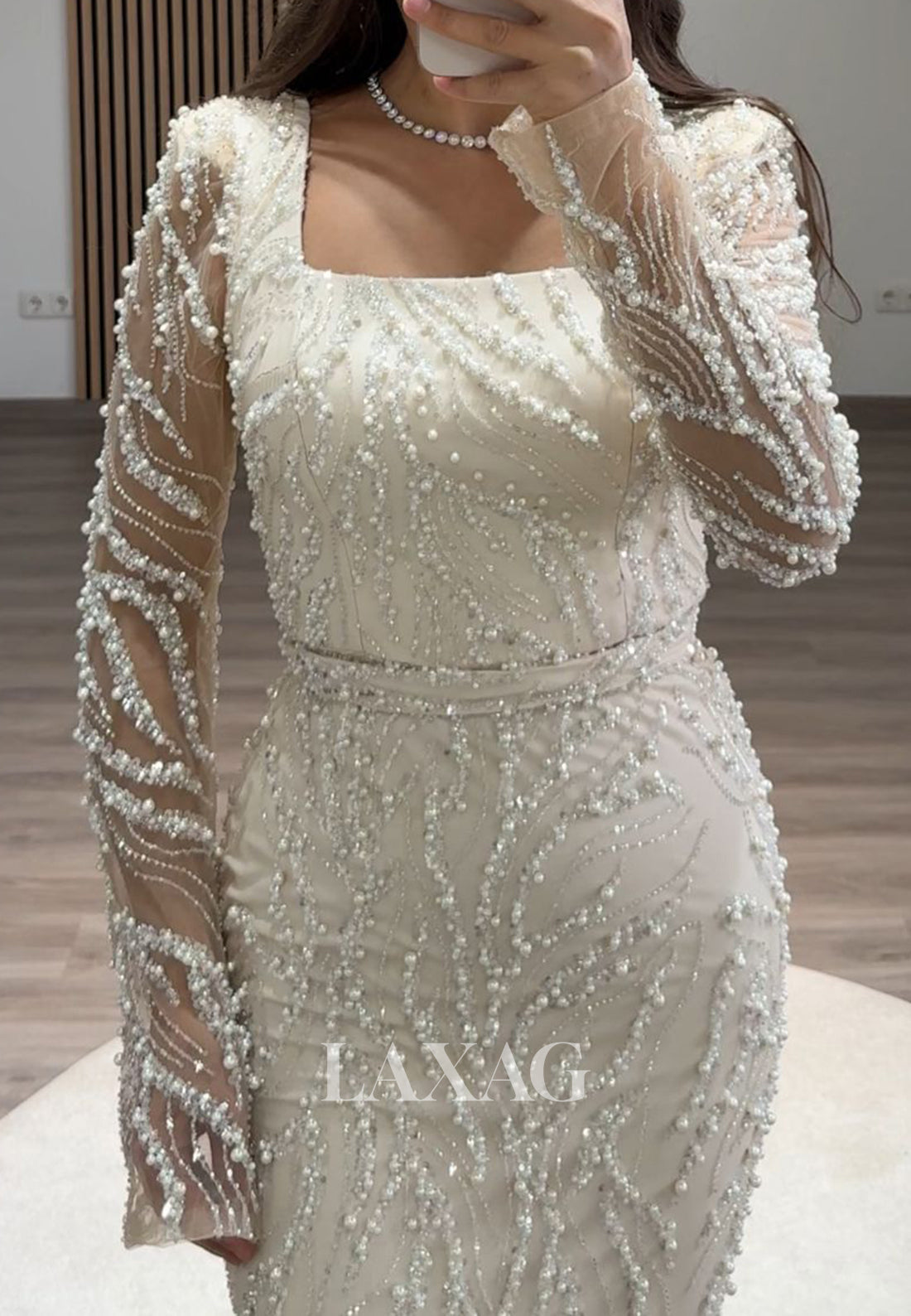 Square-Neck Long Sleeves Pleated Mermaid Prom Dress Beaded Sequined Floor-Length Evening Gowns