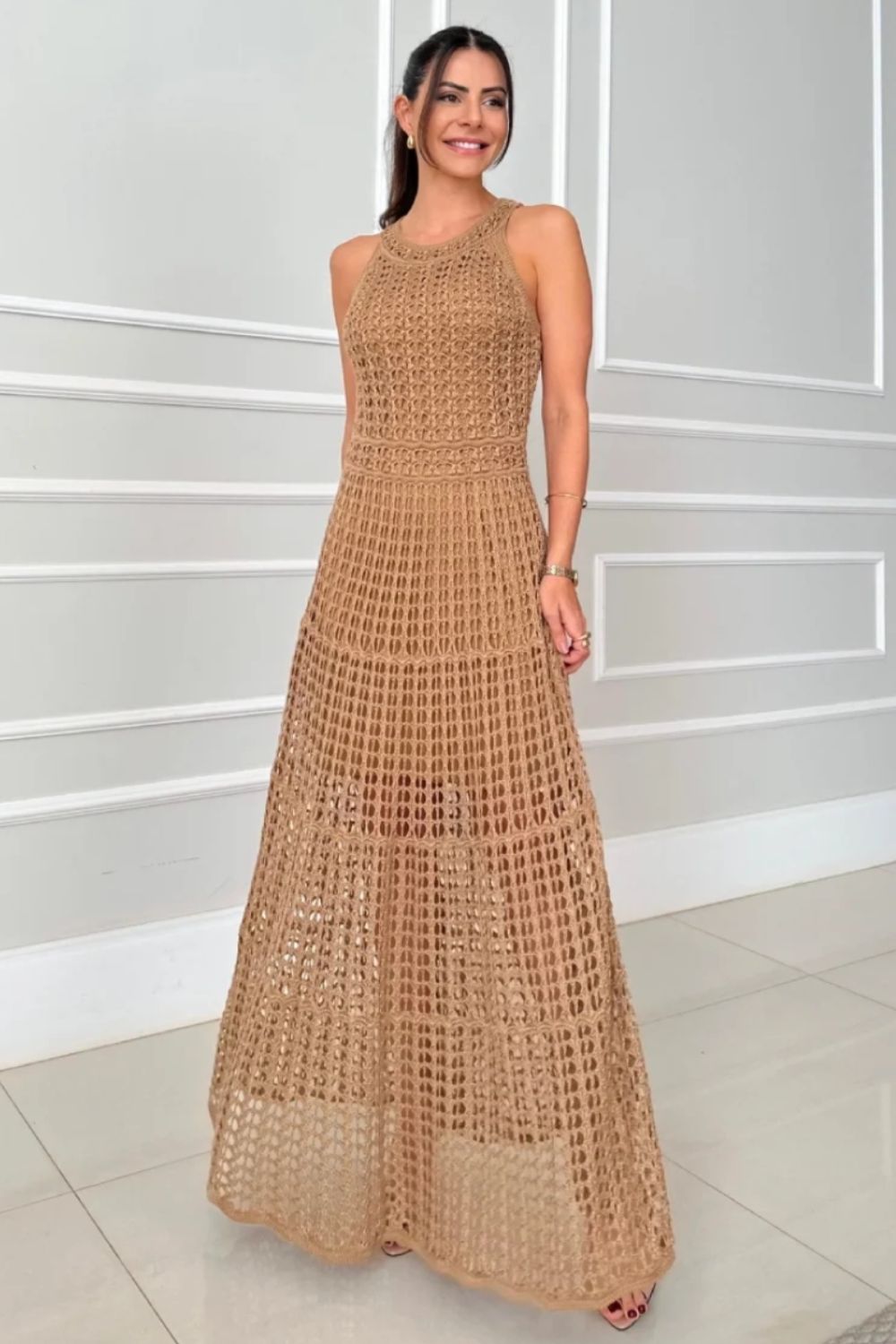 Crochet Knit Halter Neck Sleeveless Tiered Maxi Dress 4