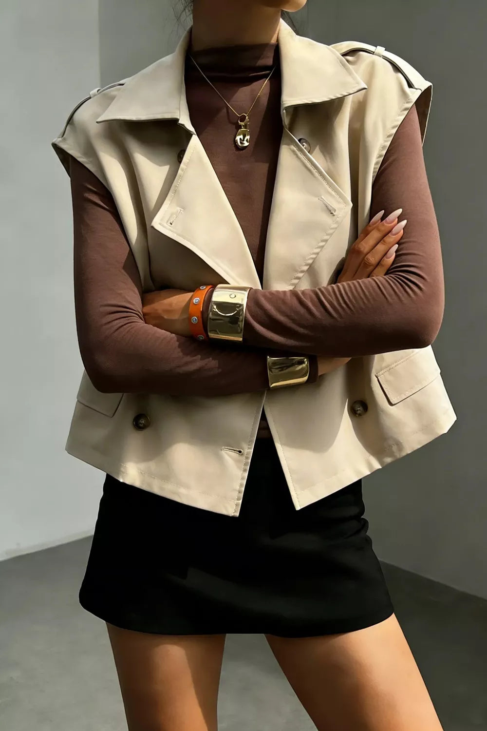 Double-Breasted Cropped Trench Vest Coat