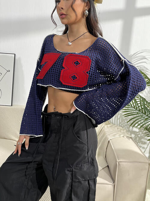 Number Patch Open Knit Flare Sleeve Contrast Trim Crop Top 5