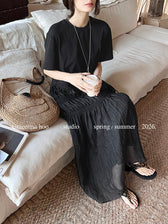 Short Sleeve Tiered Mesh A-Line Maxi Dress 7