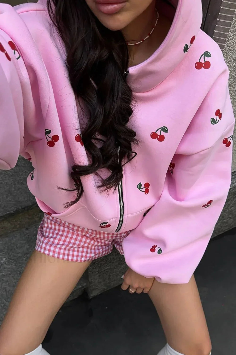 Aesthetic Cherry Print Hoodie Pink / S