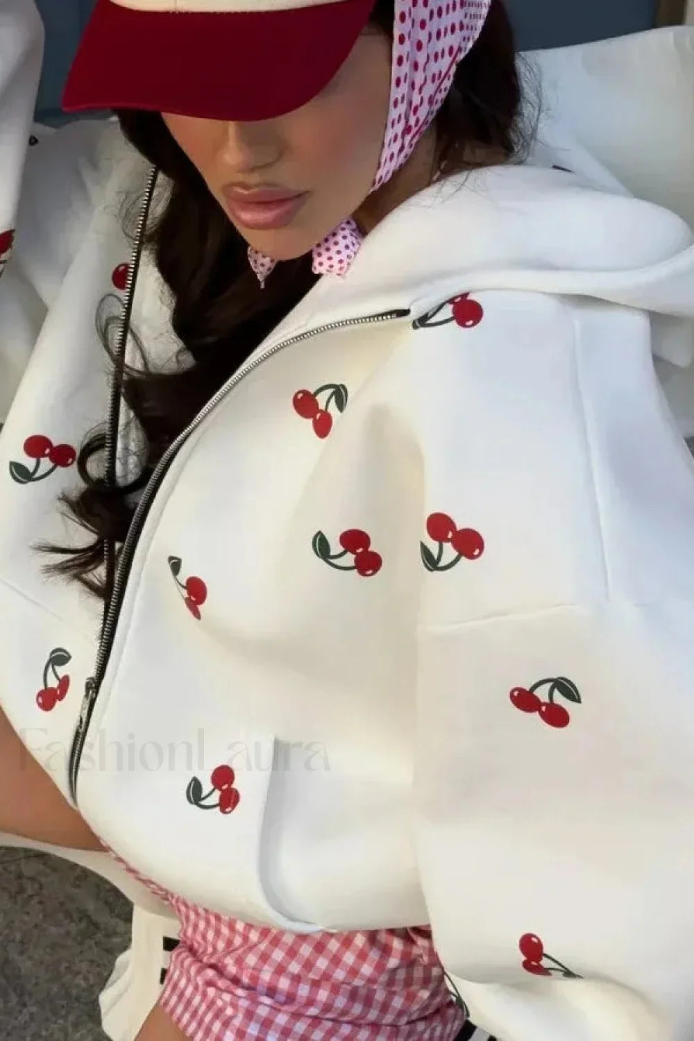 Aesthetic Cherry Print Hoodie White / S