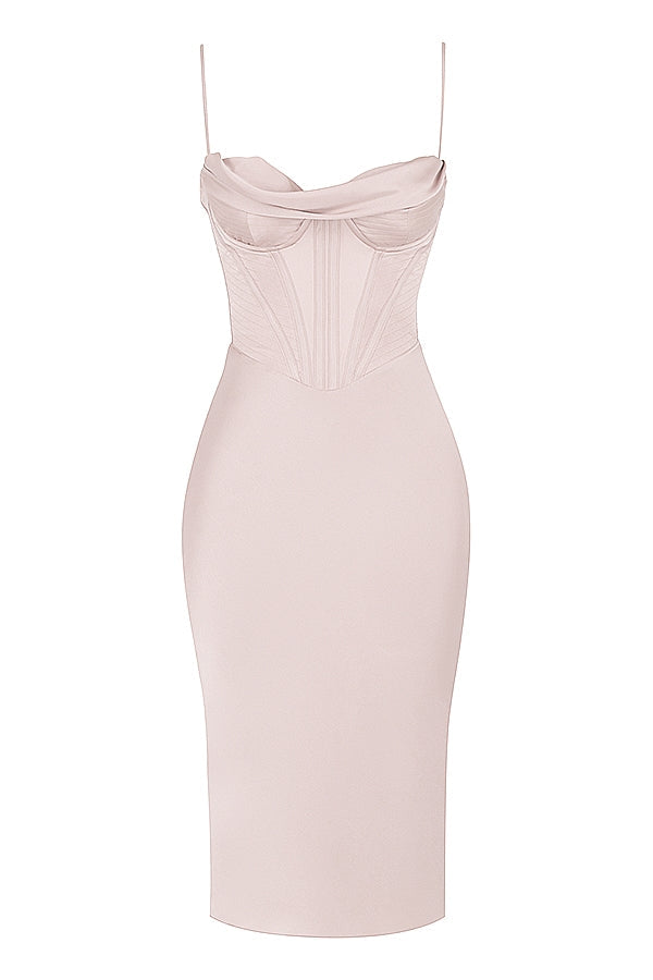 Satin Cowl Neck Corset Bodice Bodycon Midi Dress 10