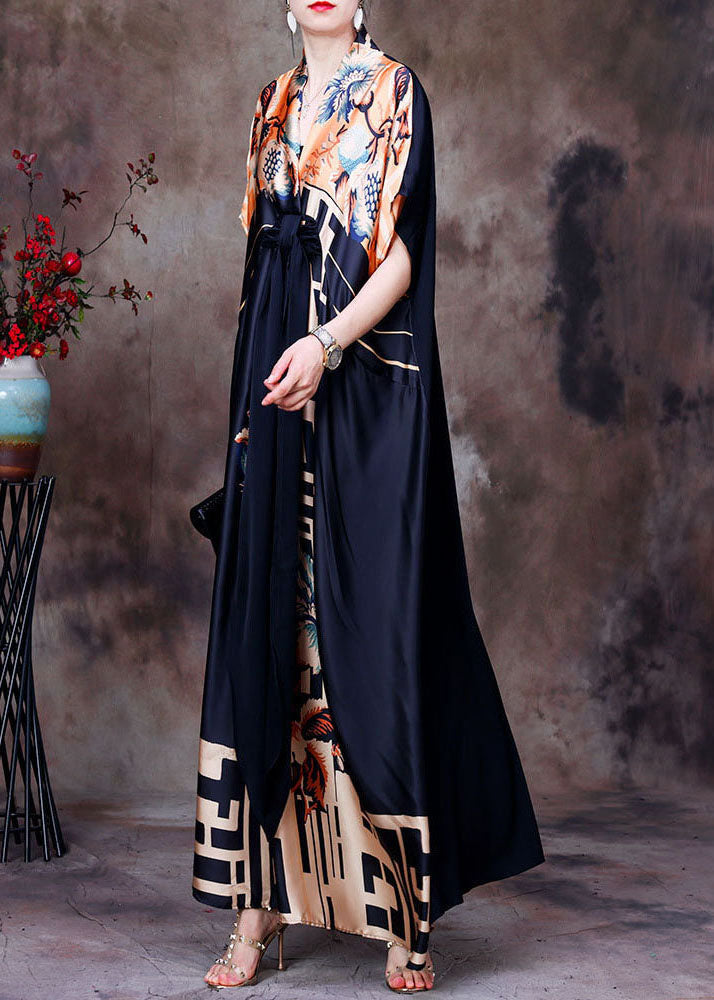 Satin Mixed Print Wrap Deep V-Neck Short Sleeve Tie Waist Maxi Dress