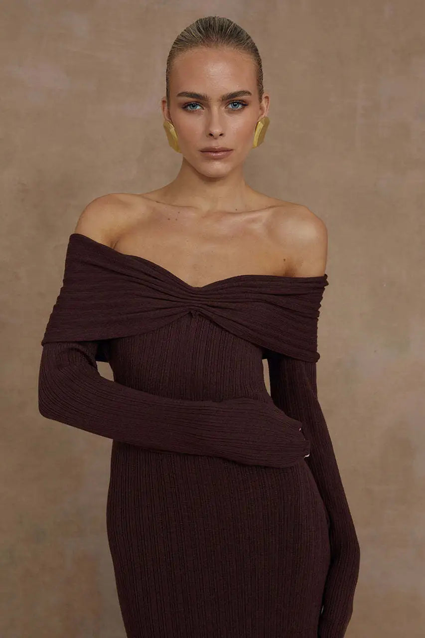 Off Shoulder Long Sleeve Ribbed Knit Twist Front Maxi Dress 2