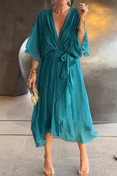 Solid Color V-neck Bat Sleeve Lace-up Irregular Hem Midi Dress - View 12