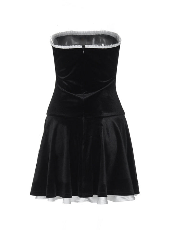 Black Vintage Velvet Splice Pleated Bandeau Mini Dress - View 8