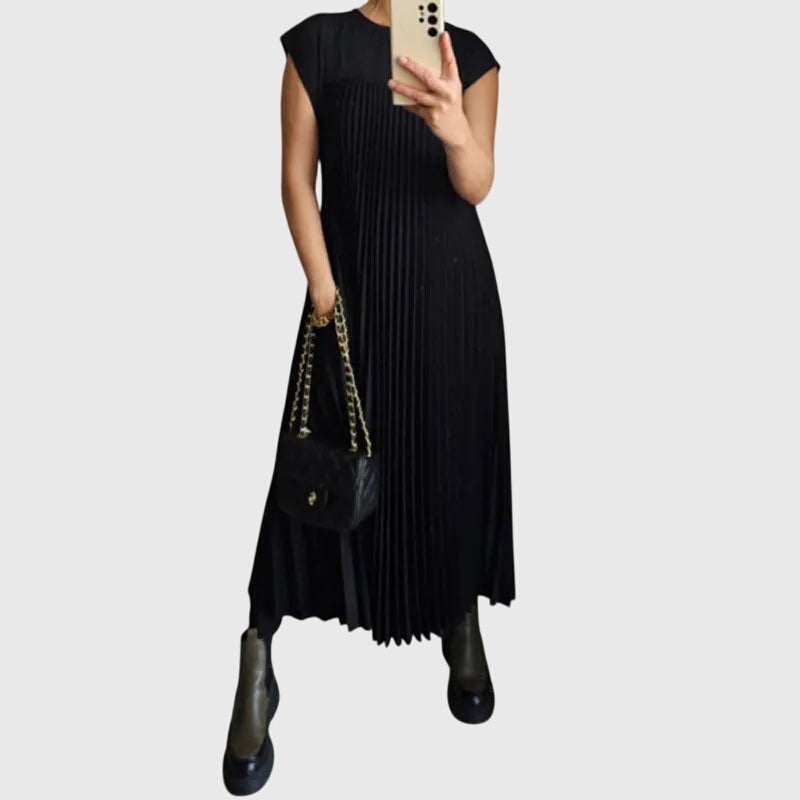 Boat Neck Cap Sleeve Pleated A-Line Maxi Dress